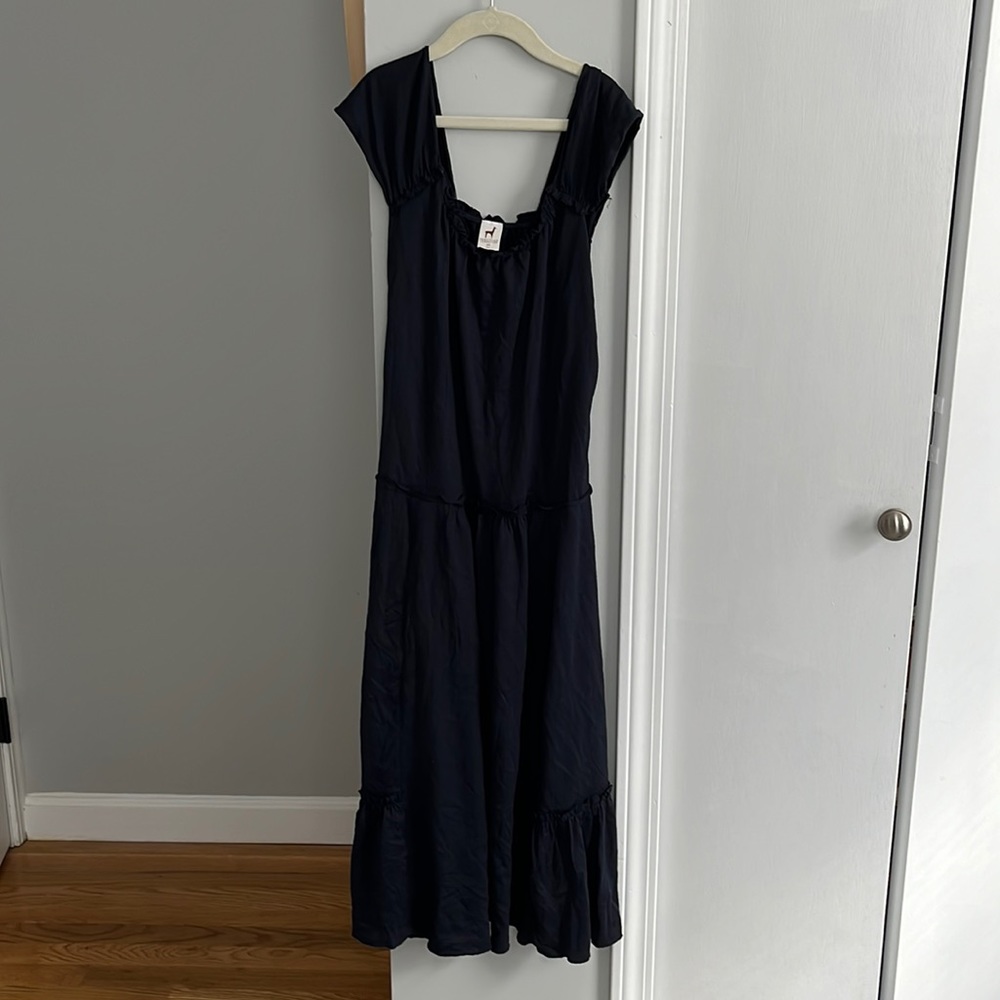 Peruvian Connection cotton blend tiered navy midi dress